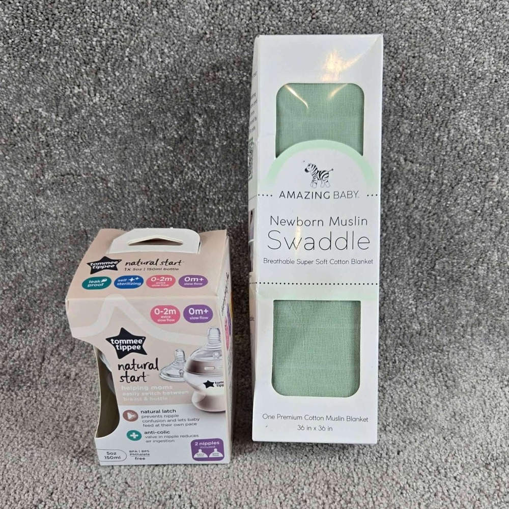 Tommee Tippee Bottle & Amazing Baby Swaddle Set Green‎ Newborn 5oz 36x36 Newborn